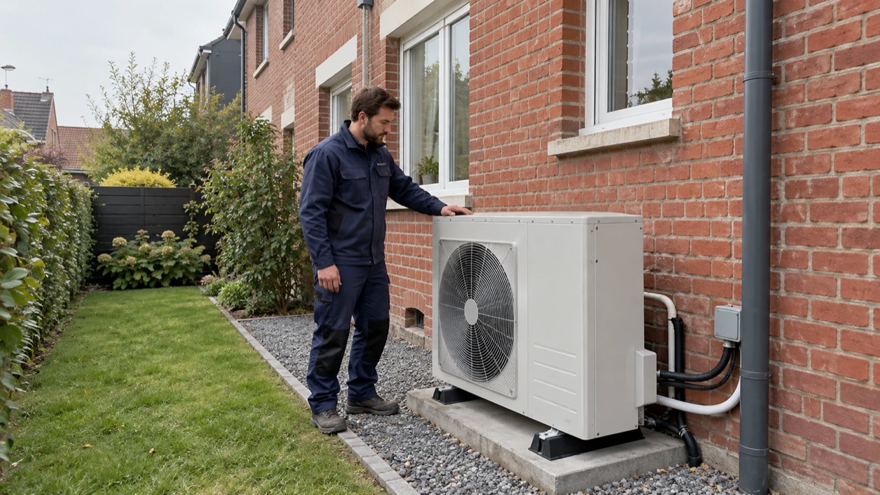 Technicien à côté d'une pompe à chaleur air/eau installée contre une maison en briques rouges du Nord
